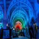 A photograph of the Victorian Arcade lit up with coloured light