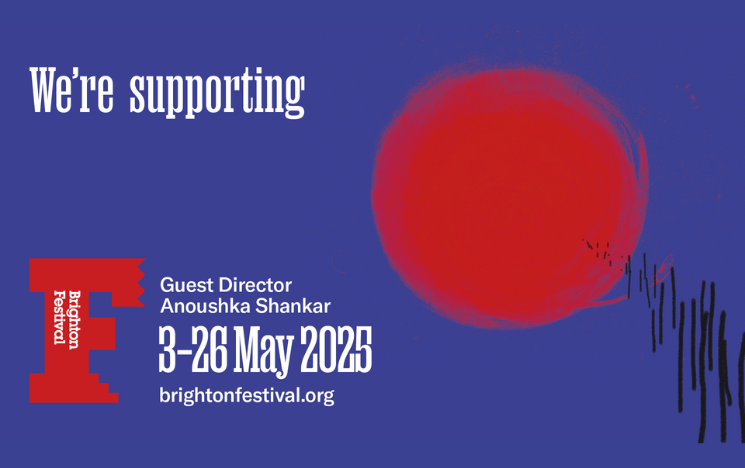 Brighton Festival graphic featuring a red circle on a blue background. Text reads "Guest Director Anoushka Shanker, 3-26 May 2025, brightonfestival.org"